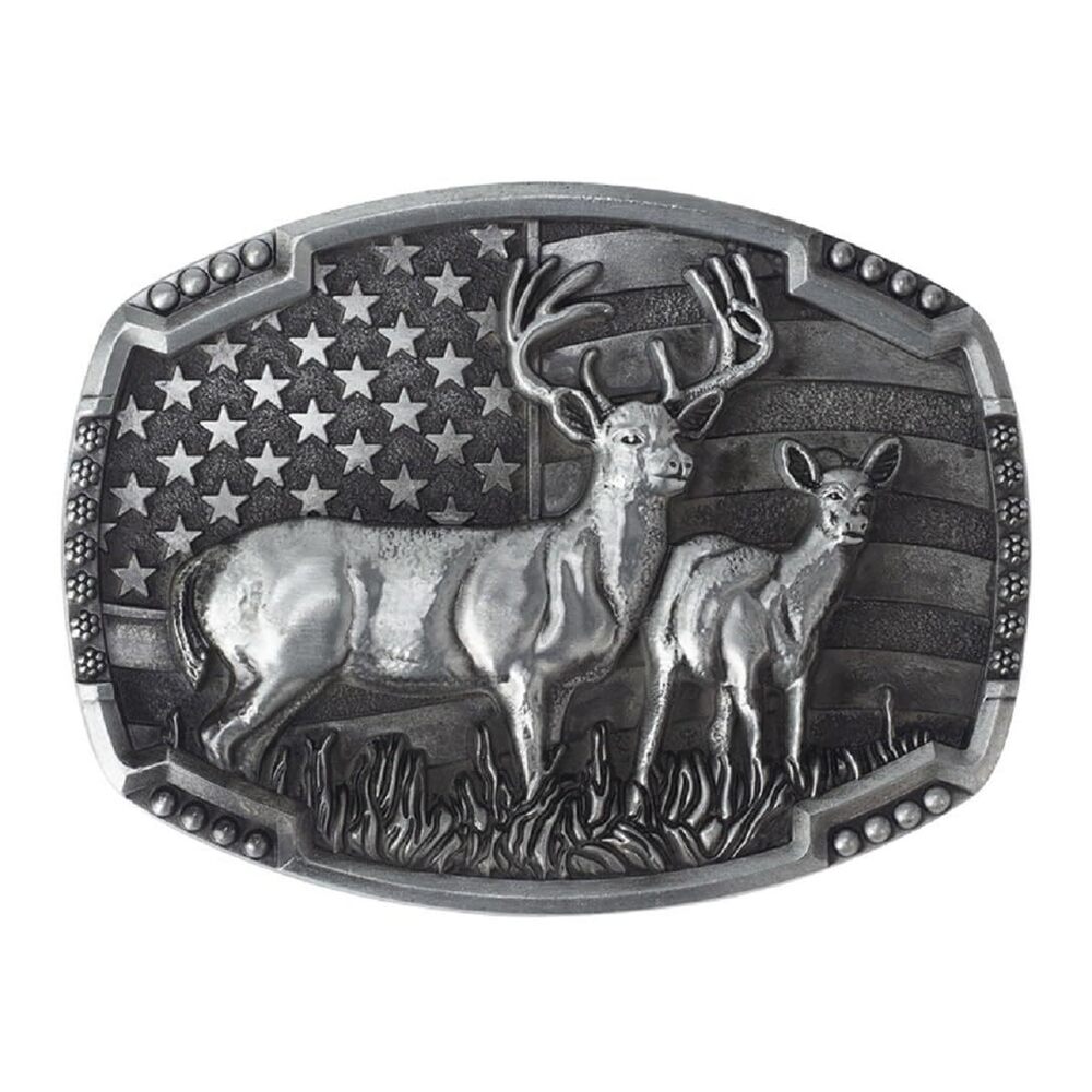 3594 USA Flag Deer Belt Buckle Patriotic American Deer Belt Buckle, Silver